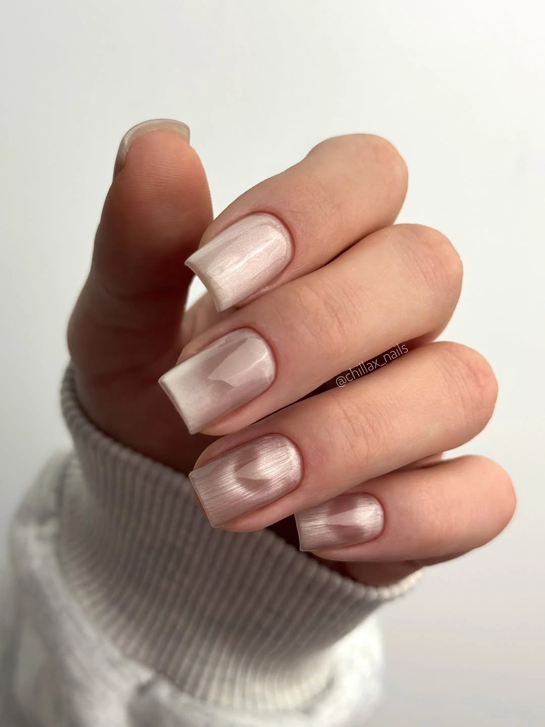 Short square nails with milky blush pink pearly shimmer