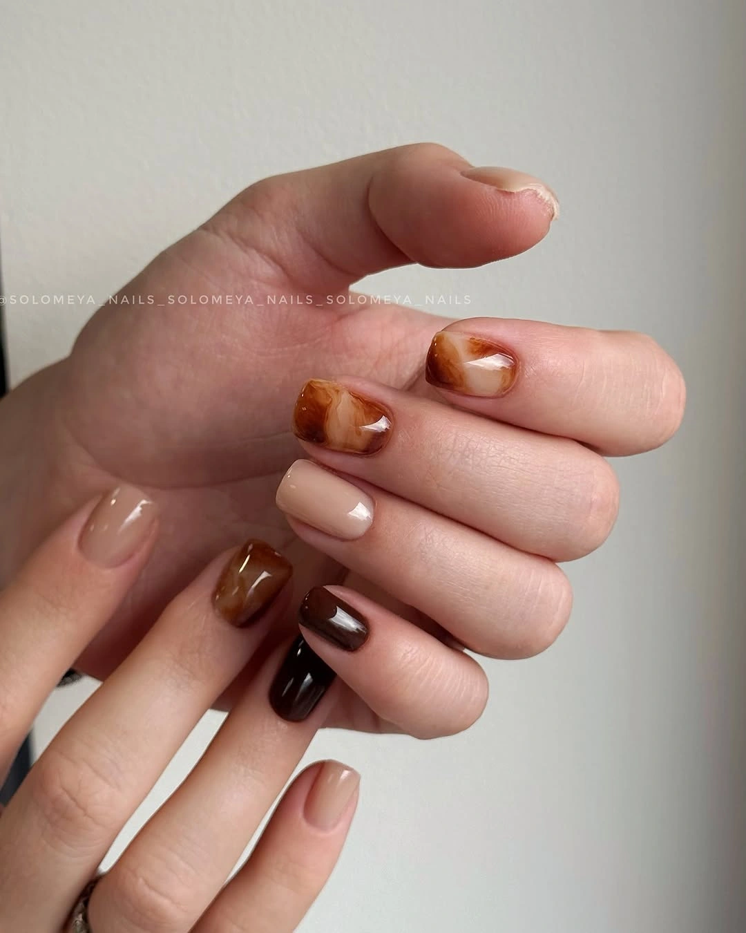 Neutral nails with warm tortoiseshell brown accents