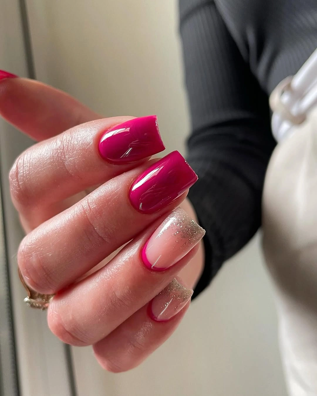 Long square nails with hot pink glittered French edges