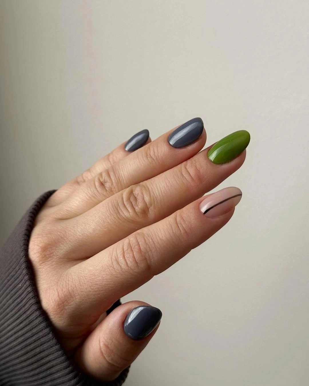 Short nails with charcoal olive green and nude color blocks
