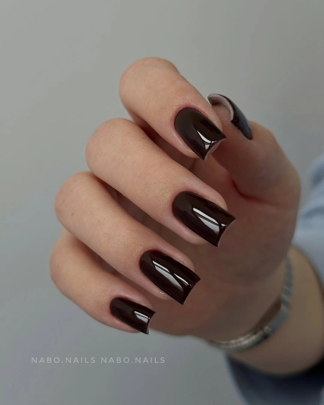 medium square nails in glossy solid dark chocolate brown