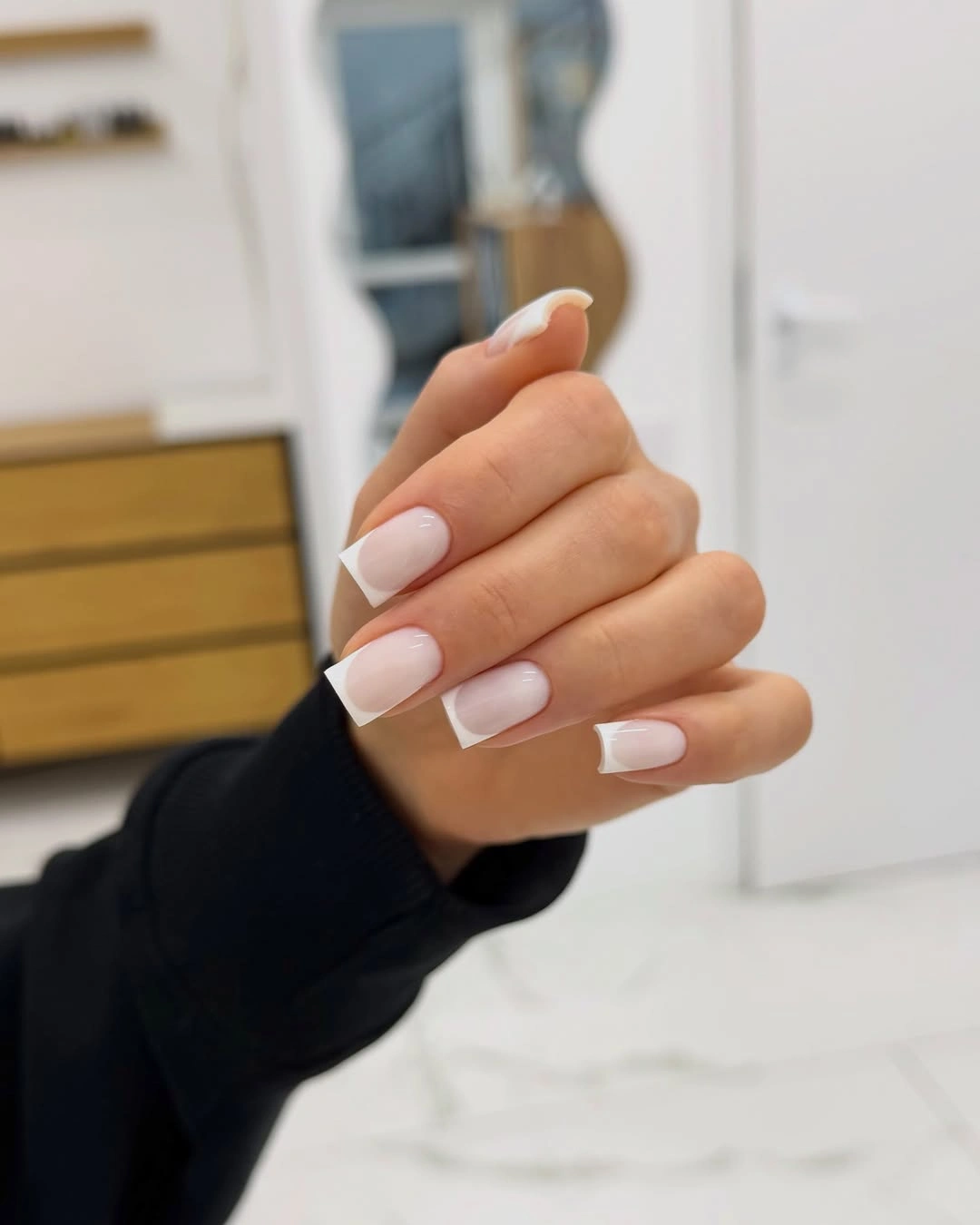 medium square nails in glossy milky nude white