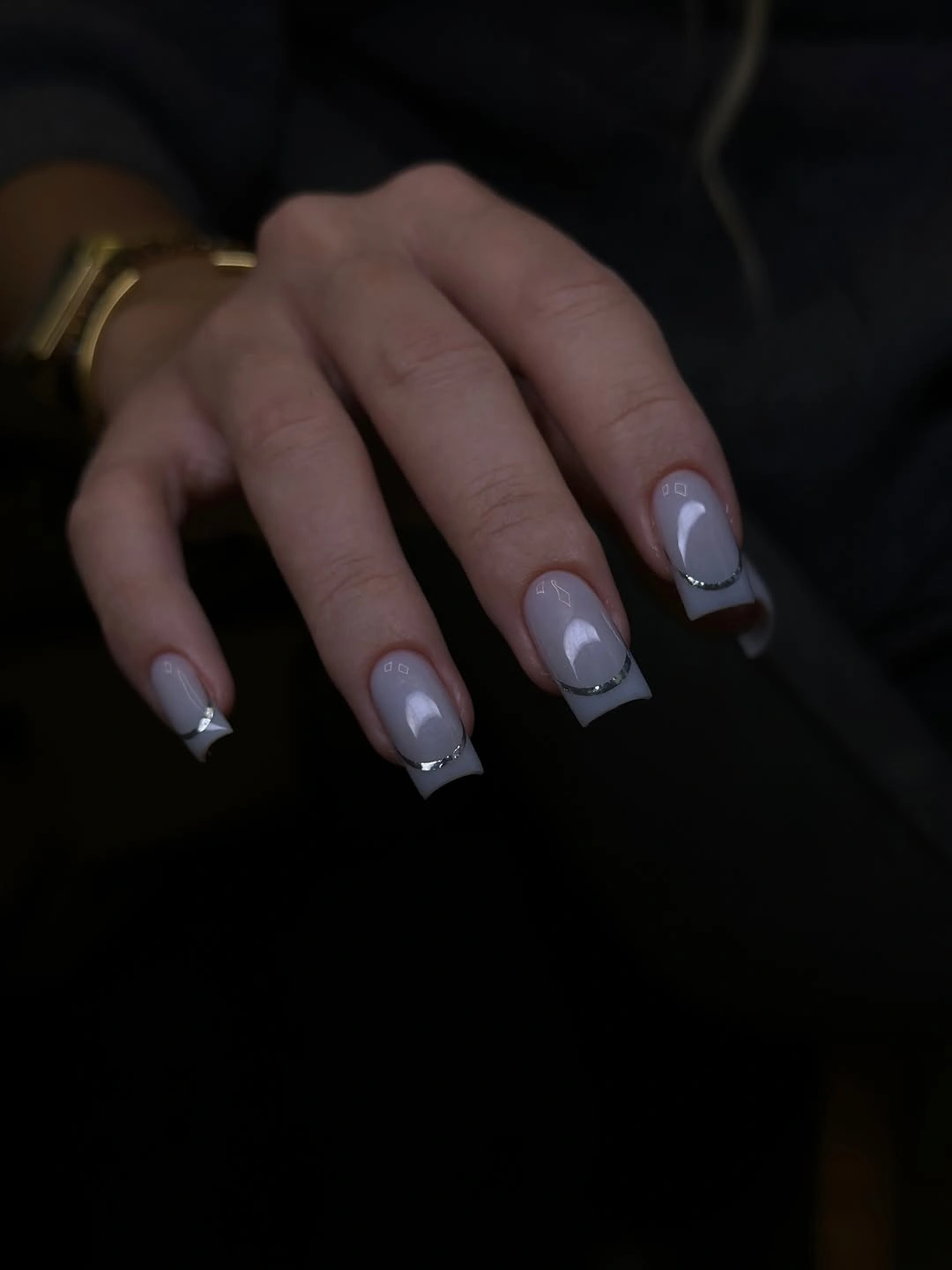 medium square lavender gray nails with white tips and purple accents