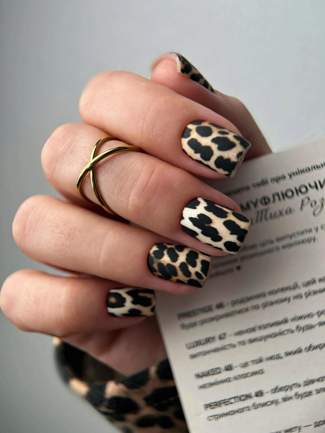 medium square nails with black tan and cream spotted print