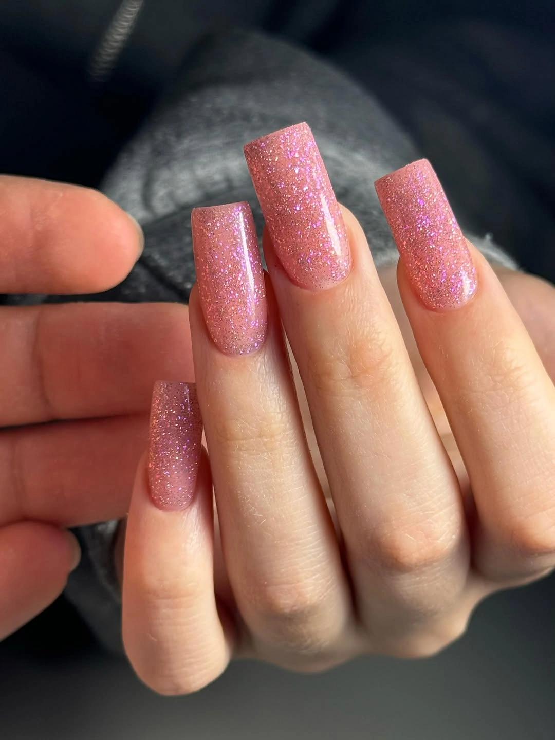 Pink glitter long square nails