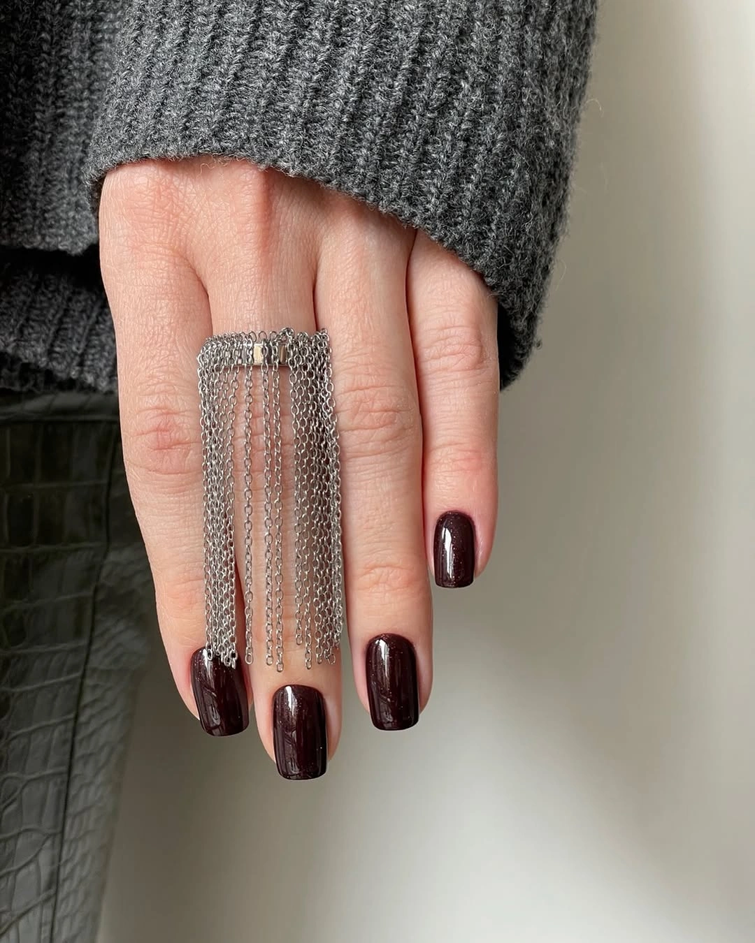 short square nails in glossy deep wine burgundy