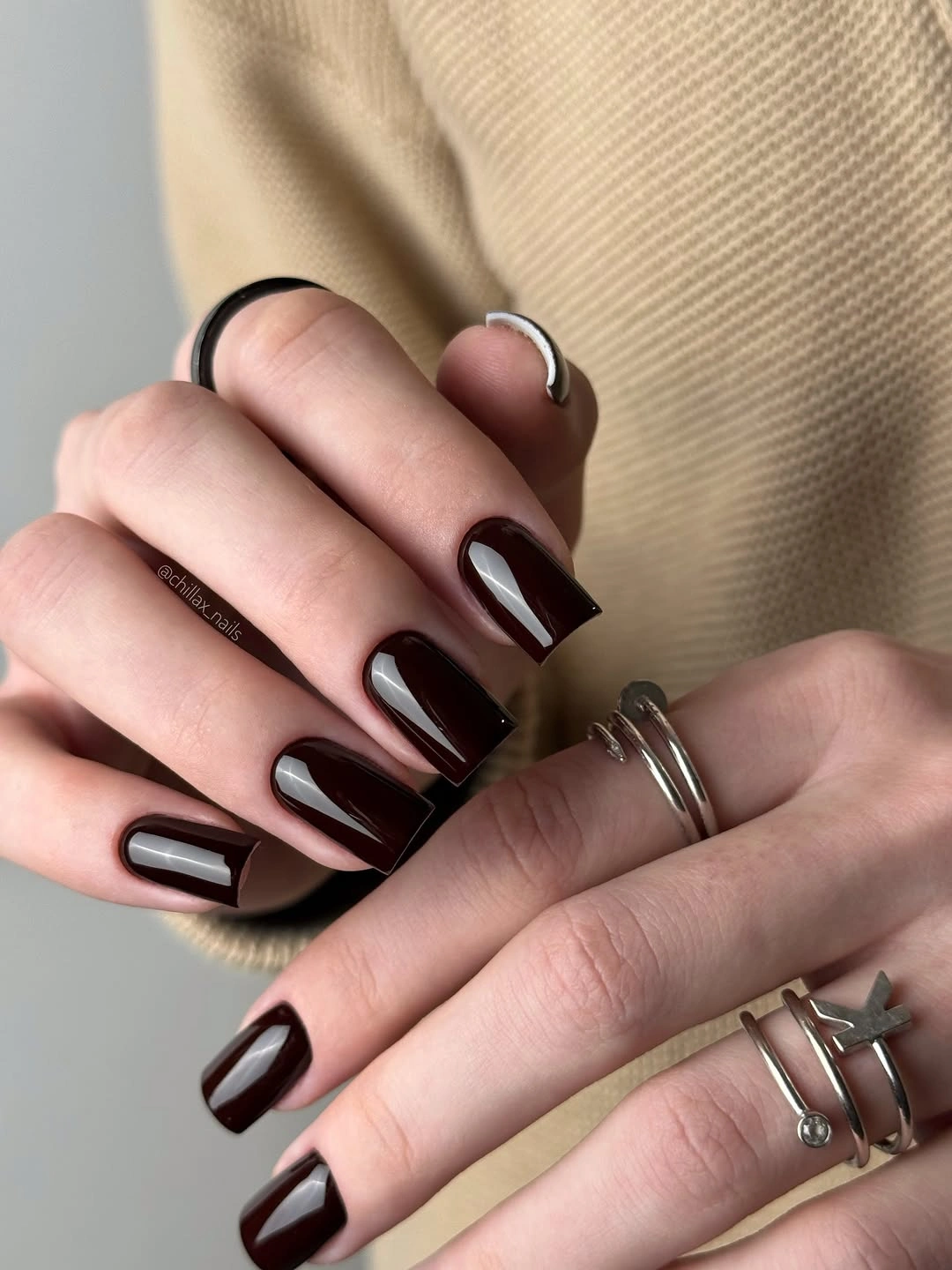 medium almond square nails with deep espresso shine