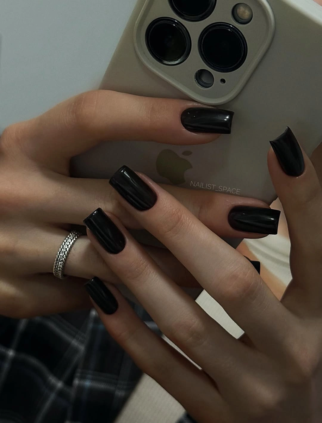 long square nails painted glossy solid black