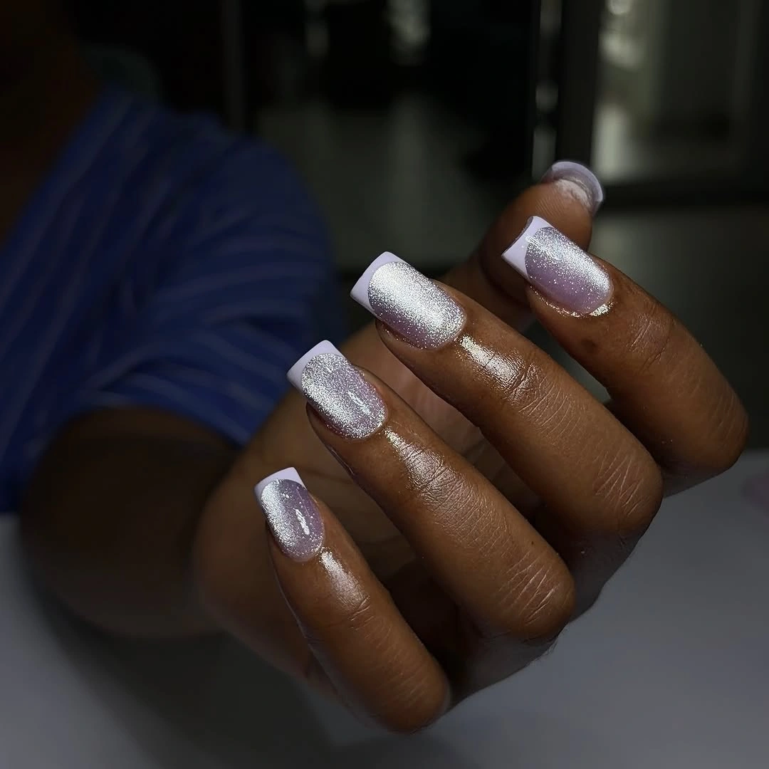 Silver glitter square nails with pale lavender tips