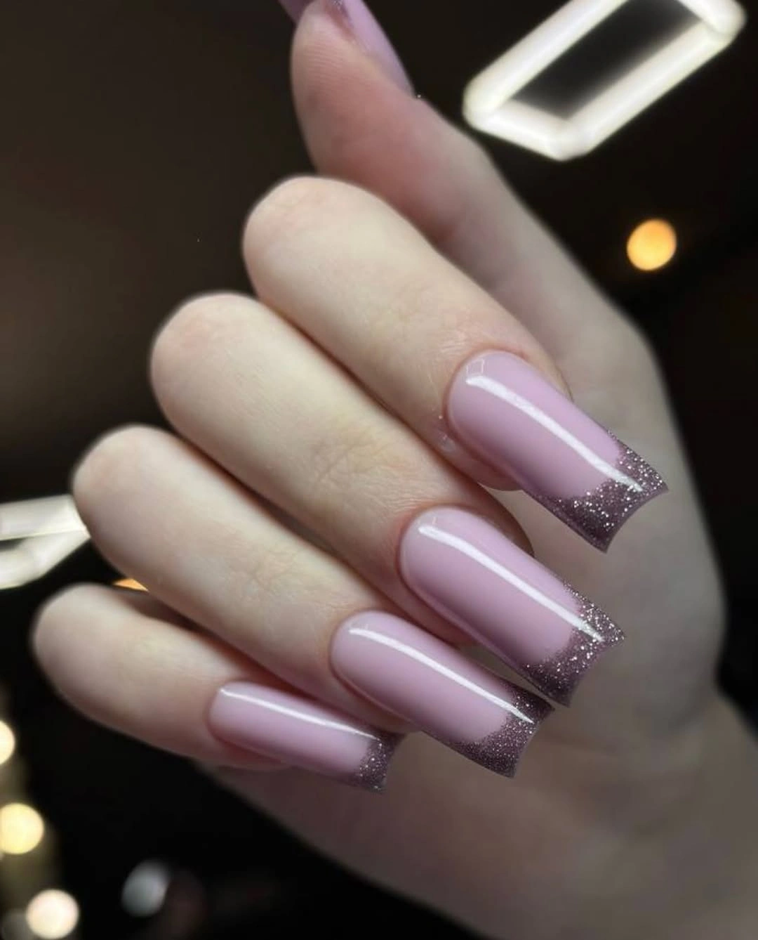 long lavender square nails with deep purple sparkling tips