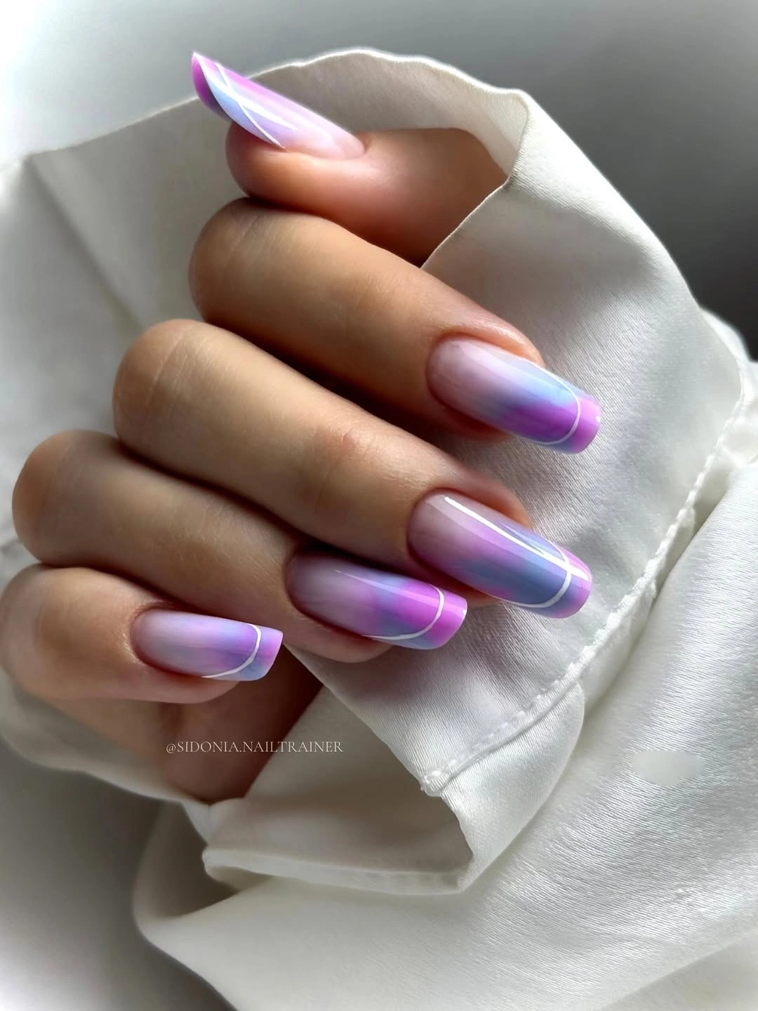 Long coffin nails with lavender pink blue gradient streaks