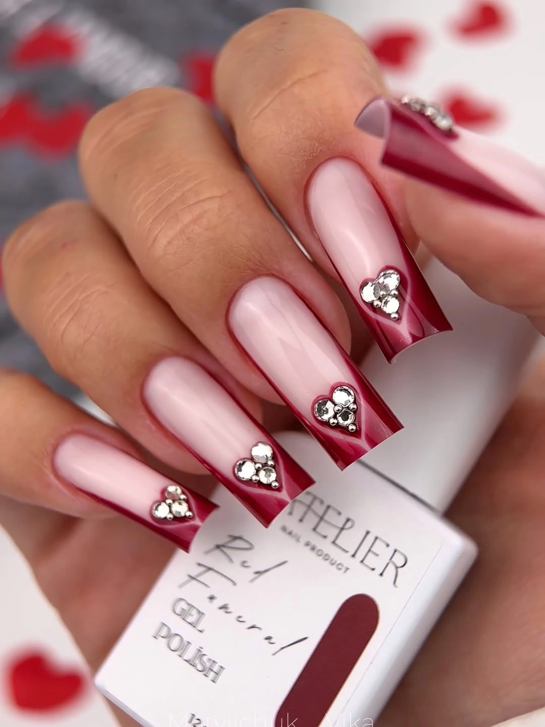 pink burgundy French square nails with crystal hearts