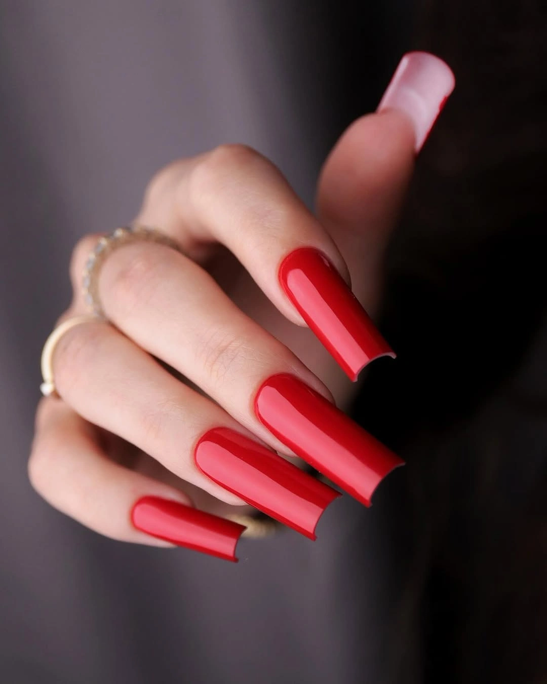 satin glow red coffin square nails