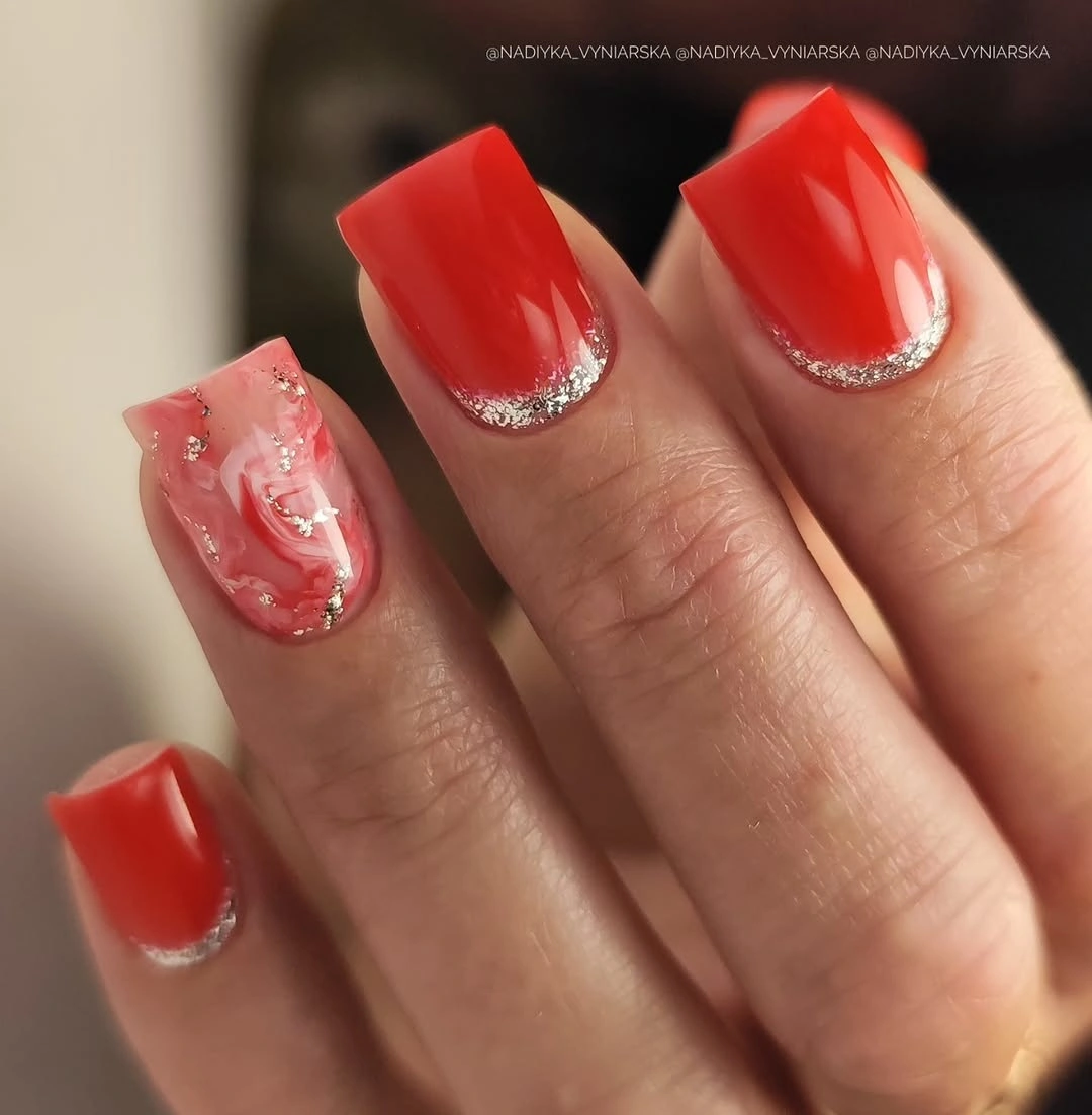 red square nails with silver cuticle sparkle