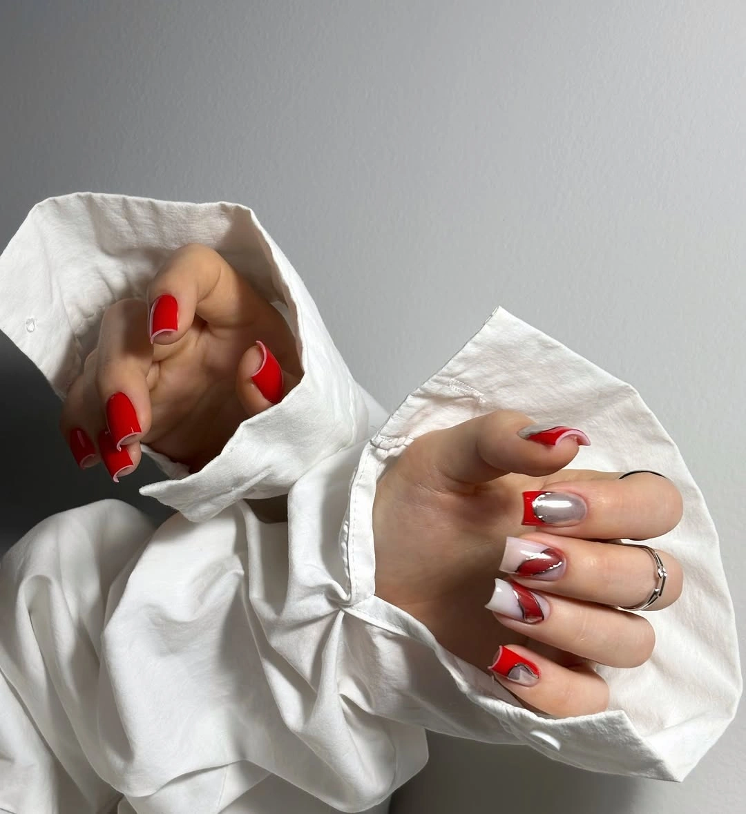 abstract red white and gray square nail art