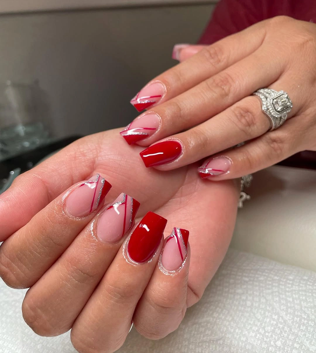 Medium coffin nails with red and pink geometric tip panels