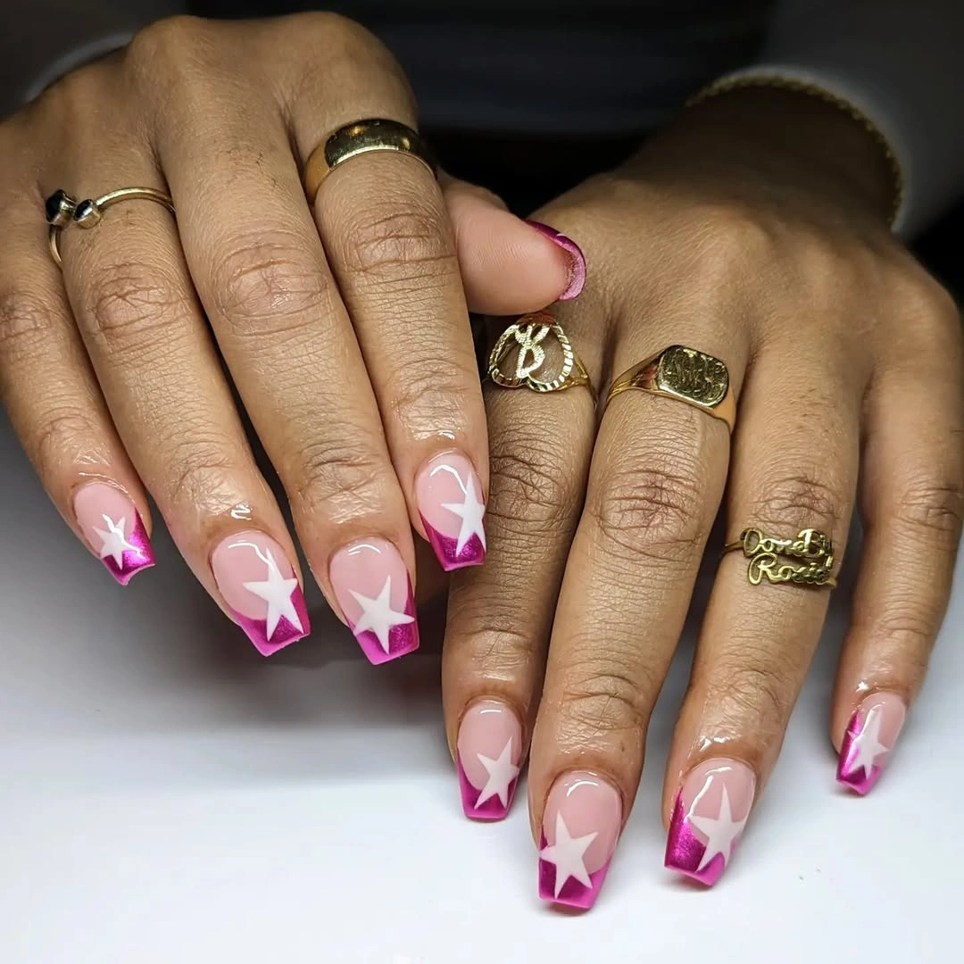 Short square pink French tips with small white star details