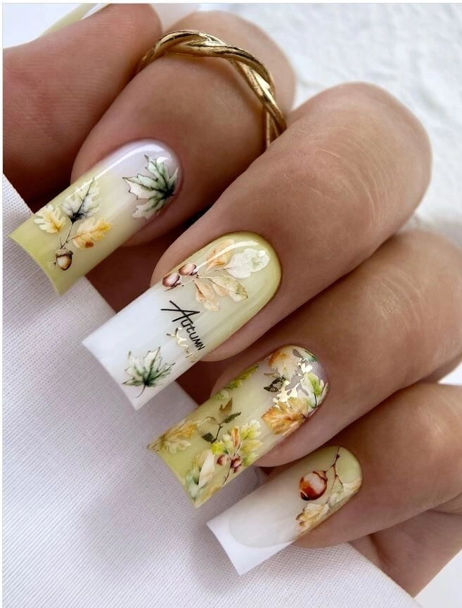 Long square ivory nails with colorful botanical flowers