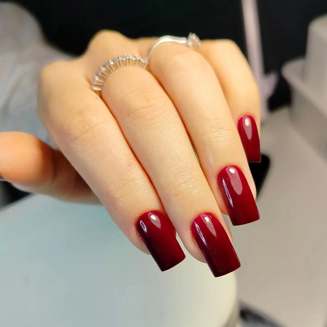 Long square glossy deep red fall nails
