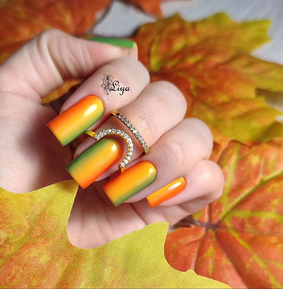 Medium square orange and yellow gradient fall nails