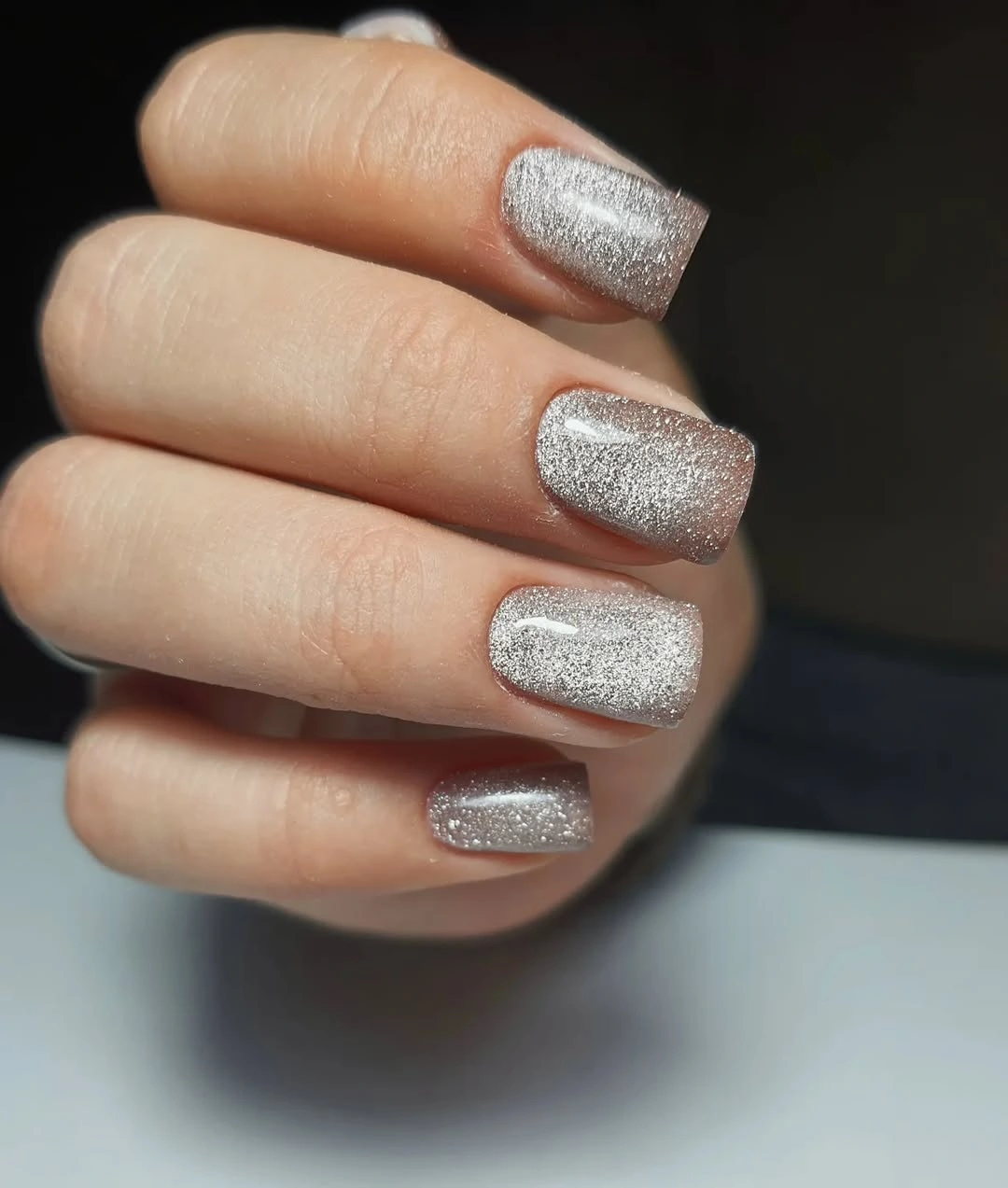 Short square silver glitter fall nails