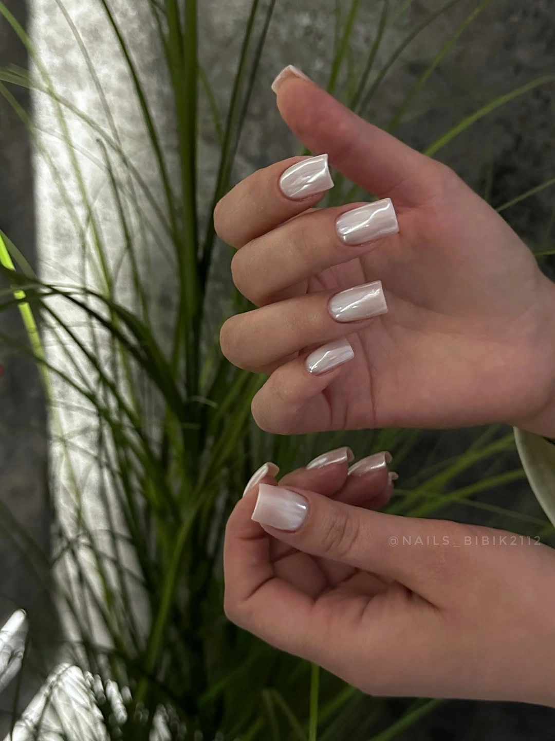 Pearly white square nails with soft sheen