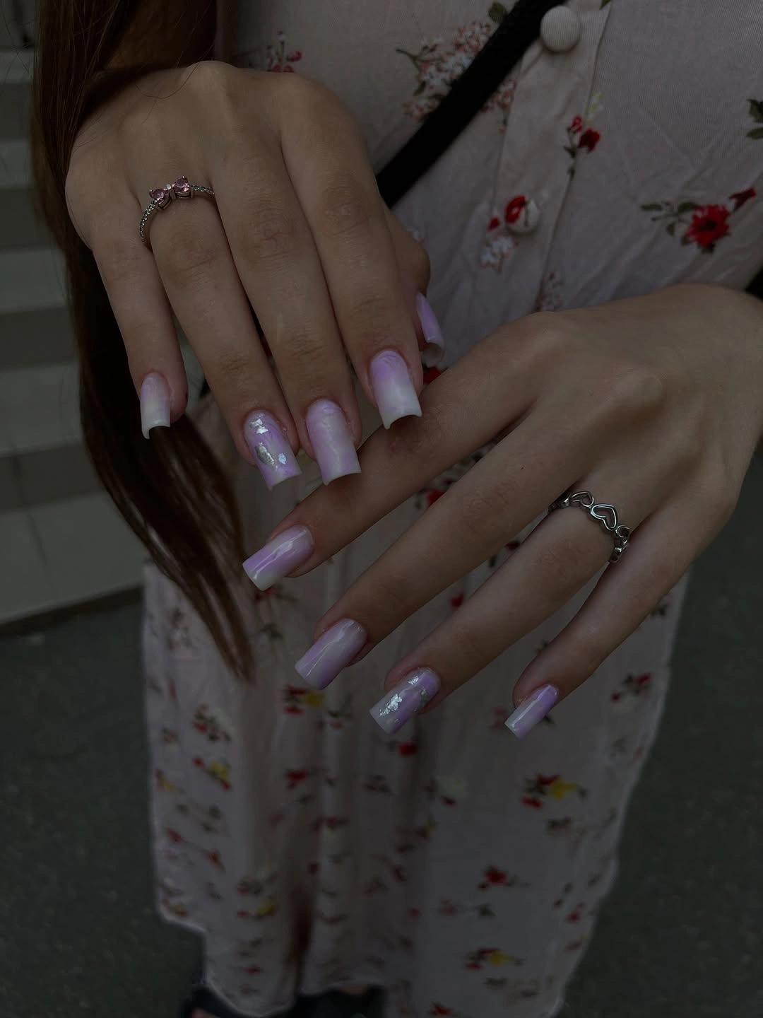Lavender white square nails with foil shimmer