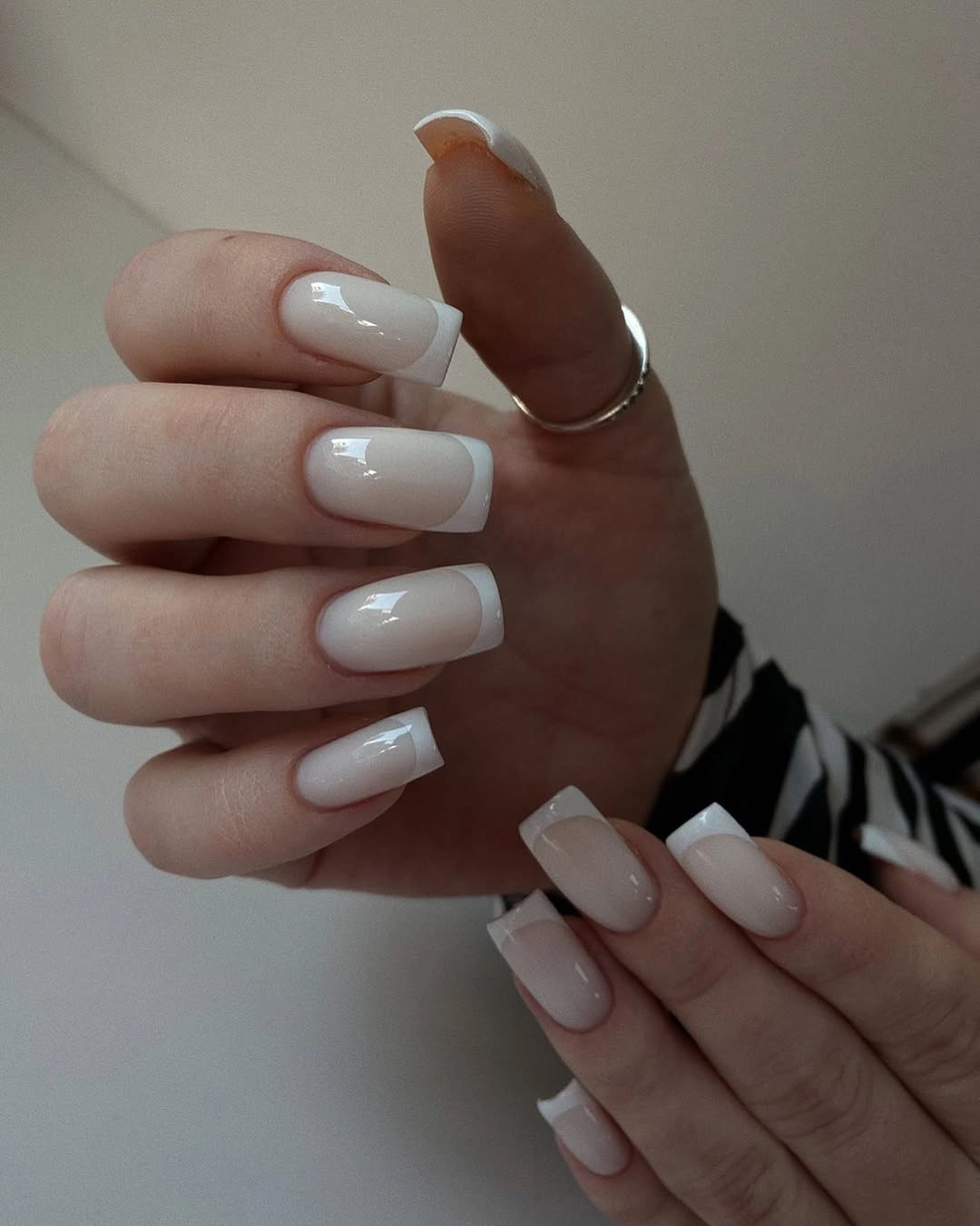 Classic square French nails with soft white tips