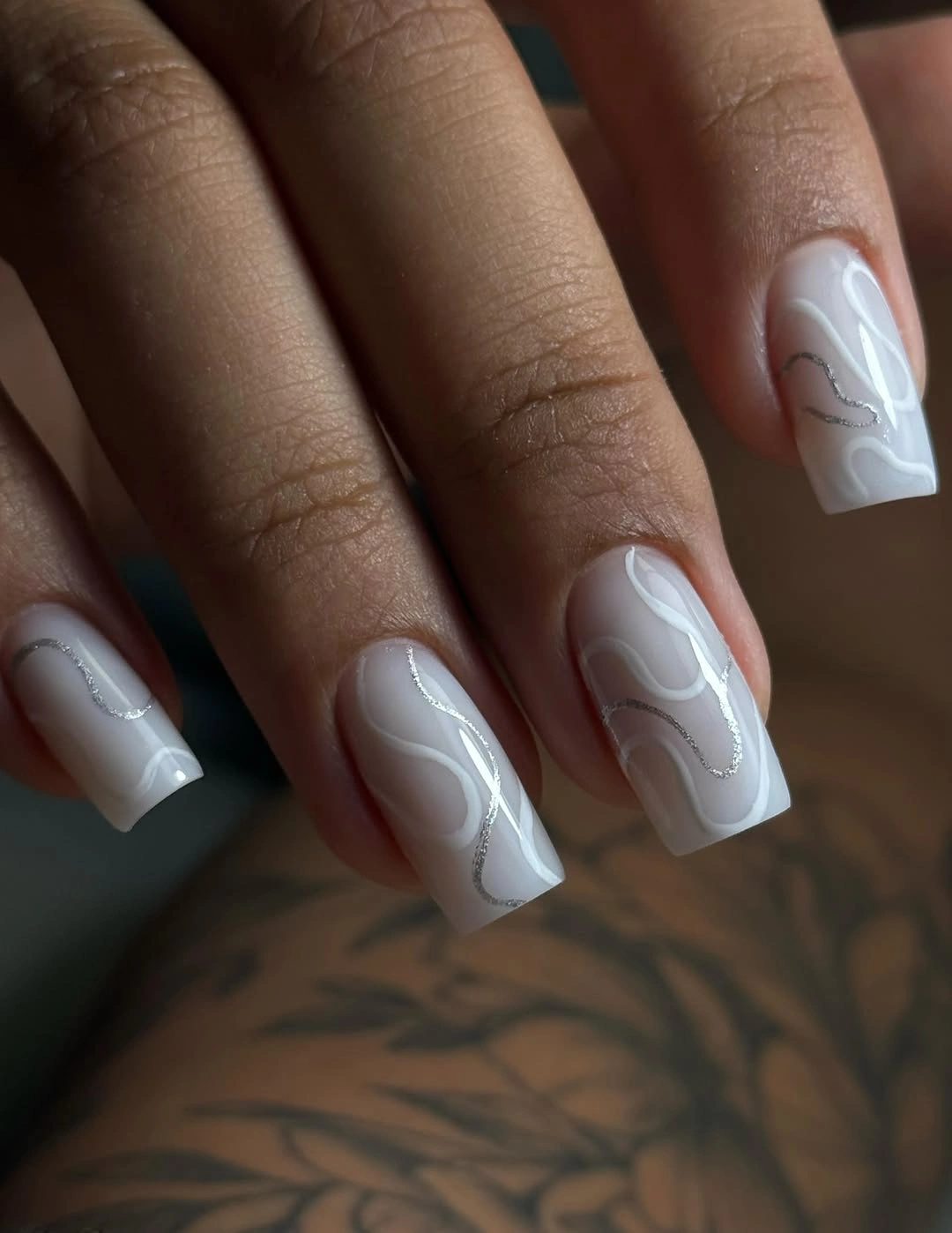 White square wedding nails with silver swirl lines