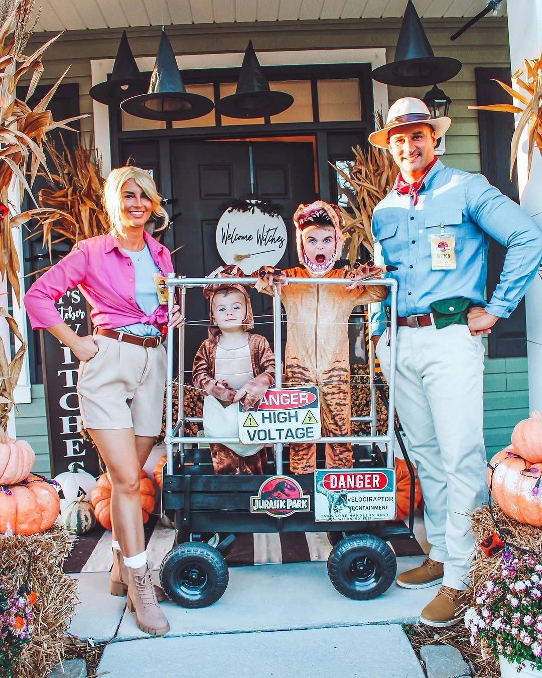 Family costumes with blue yellow space ranger and cowboy inspired outfits