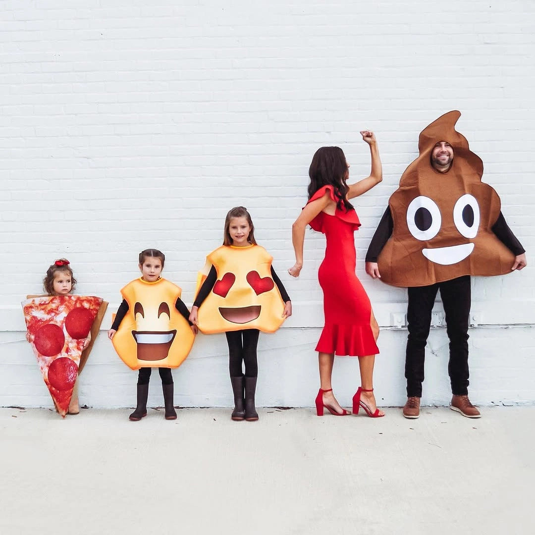 Family in yellow red and brown emoji inspired Halloween costumes