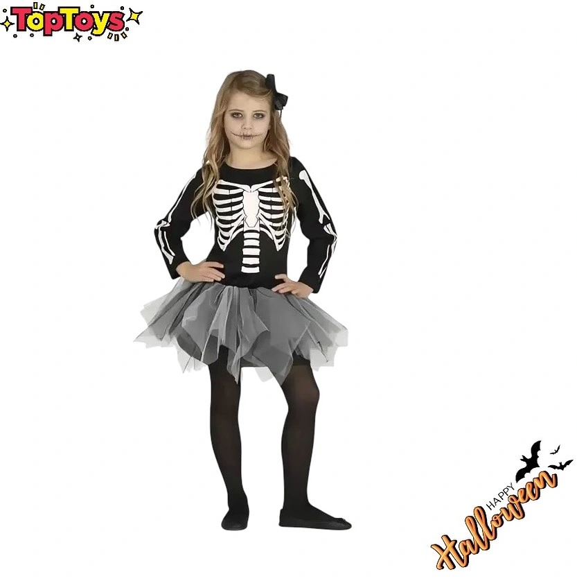 Girl costume with black skeleton top gray tulle skirt tights and flats