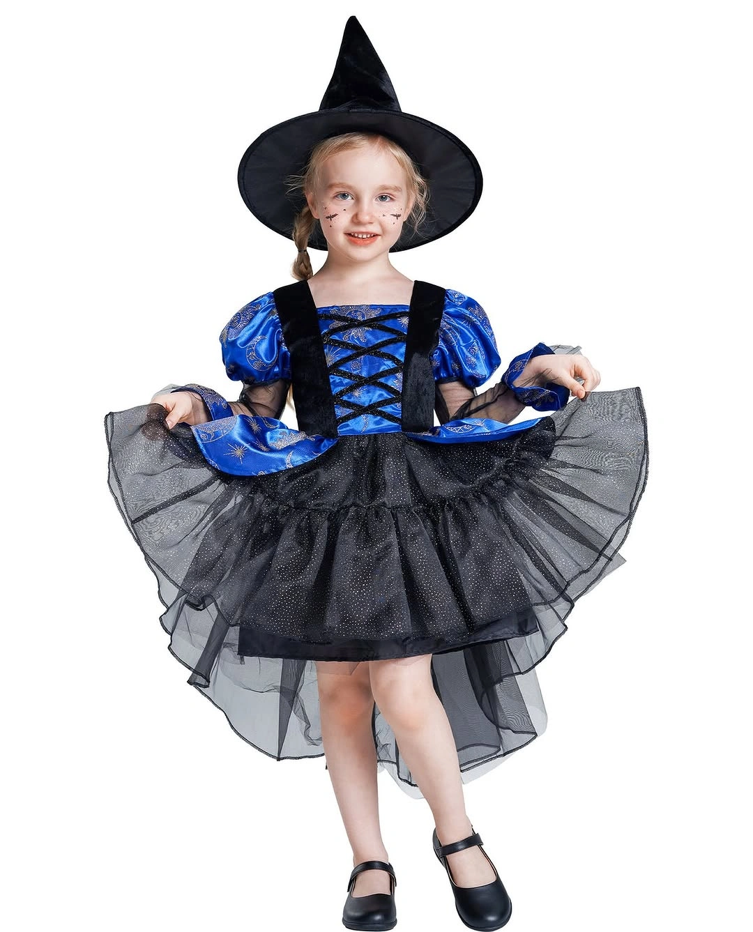 Girl in blue black witch dress with sheer sleeves lace bodice and hat