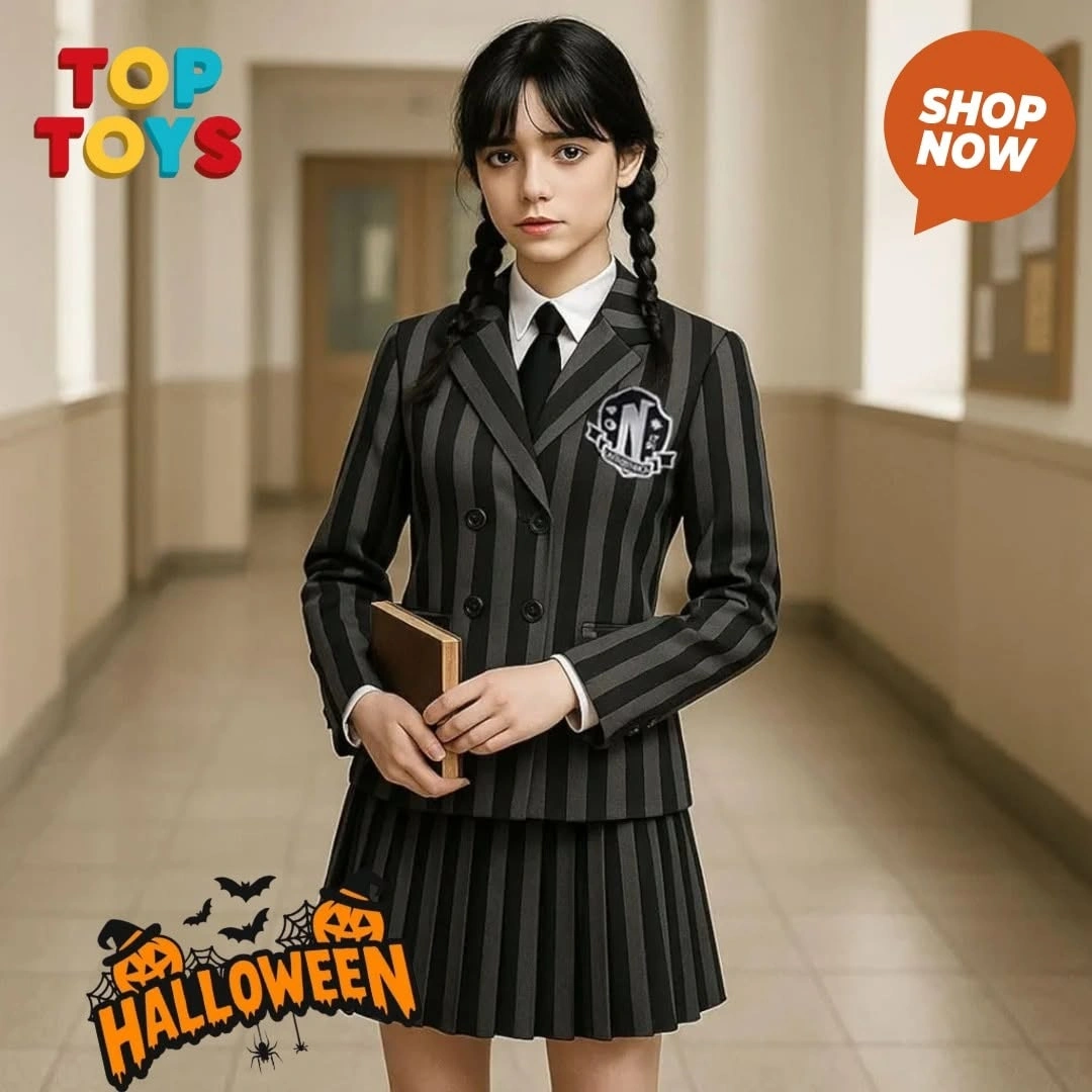 Girl in black pinstriped jacket pleated skirt white collar and braids