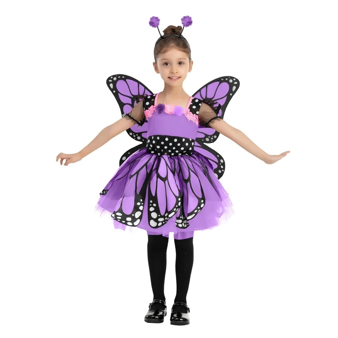 Girl in purple black butterfly dress with wing sleeves antennae tights and flats