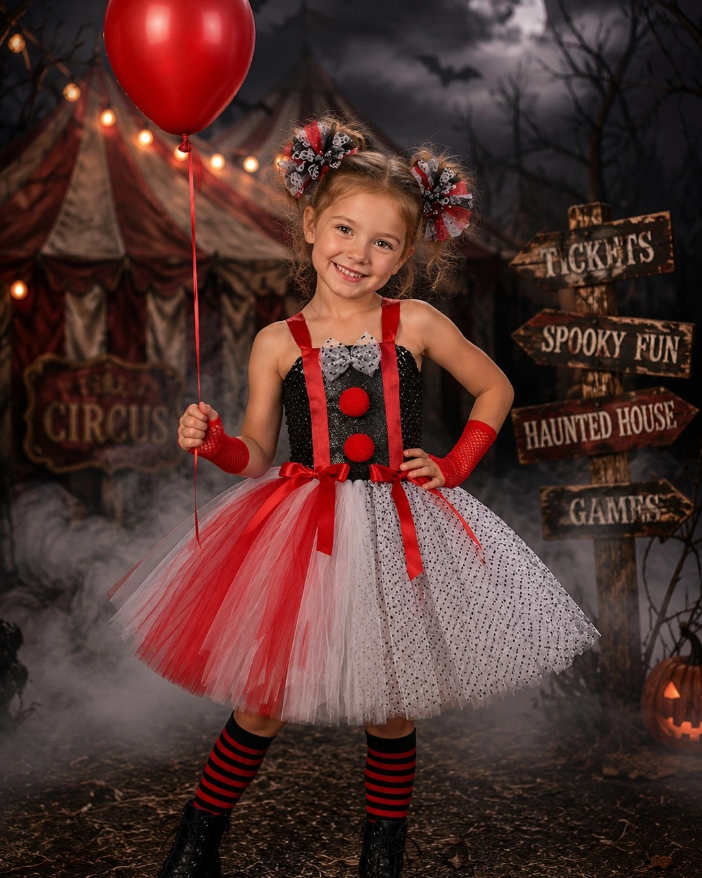 Girl in red black dotted costume with layered tulle and striped socks