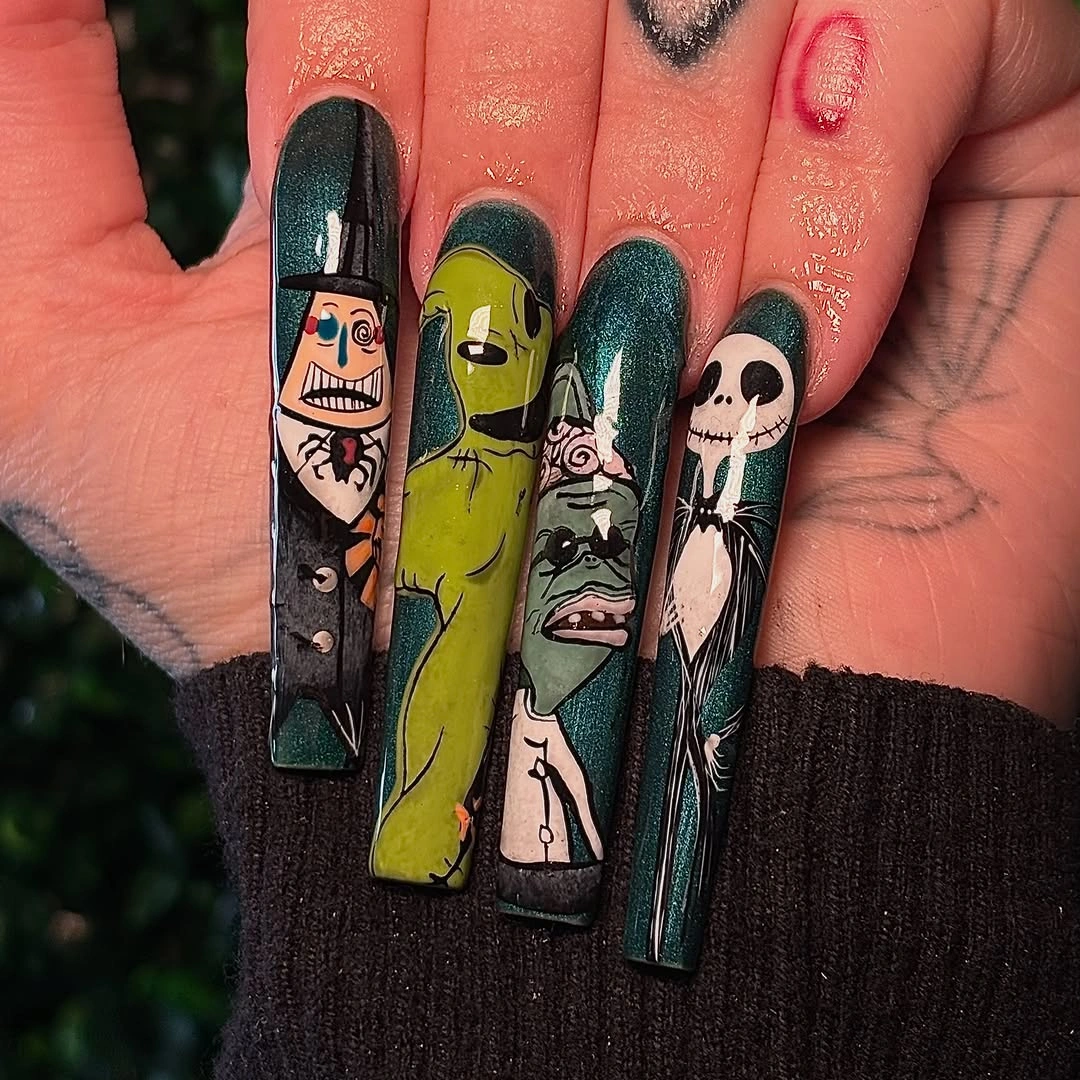 Long dark green and black coffin Halloween nails with cartoon character details