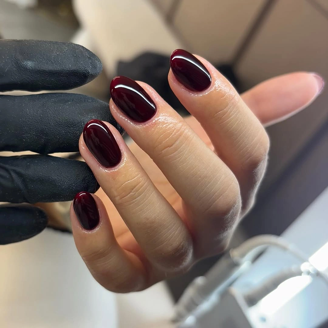 Short rounded nails in glossy dark burgundy