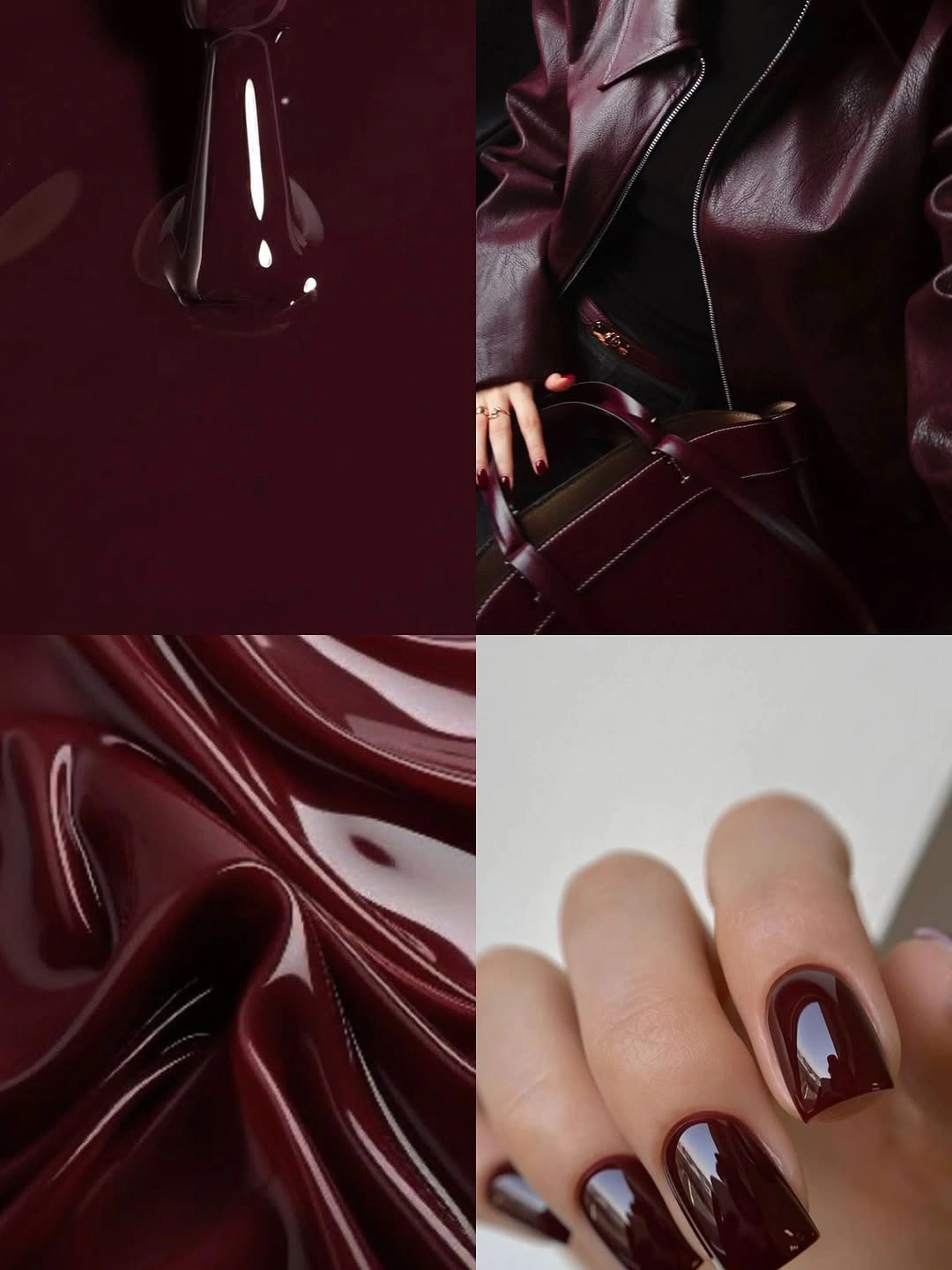 Glossy burgundy nails in a tonal dark red reflection study