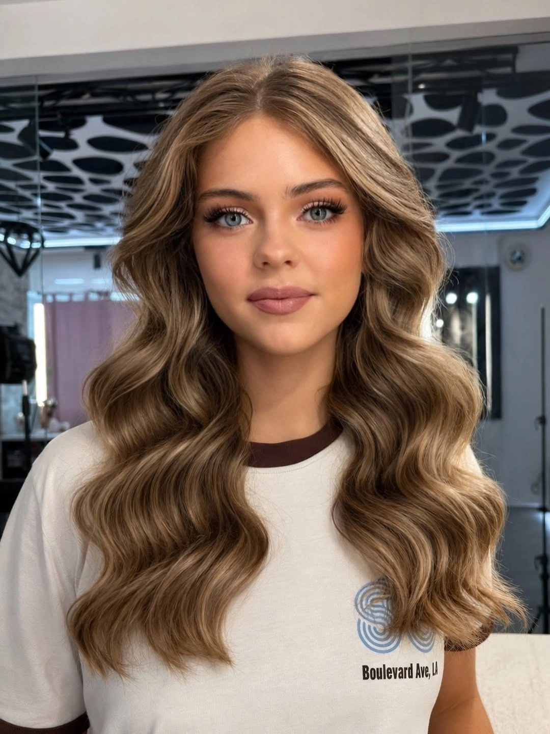 Long warm blonde hair with casual center-parted waves