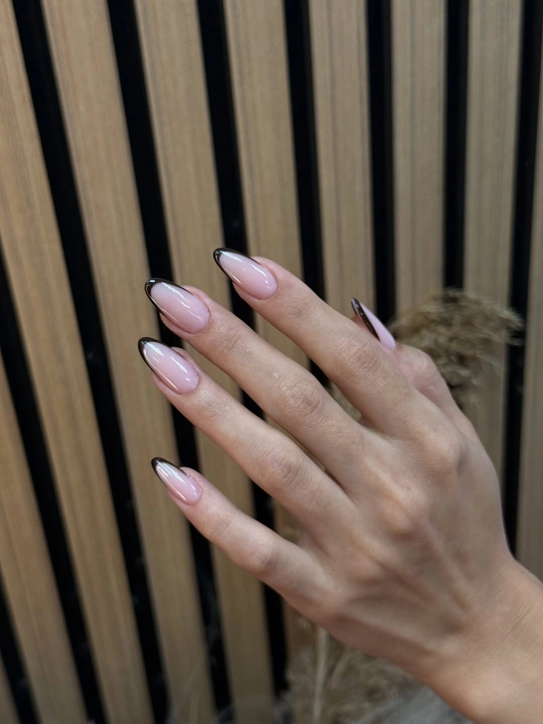 Long almond glossy pale pink nude fall nails