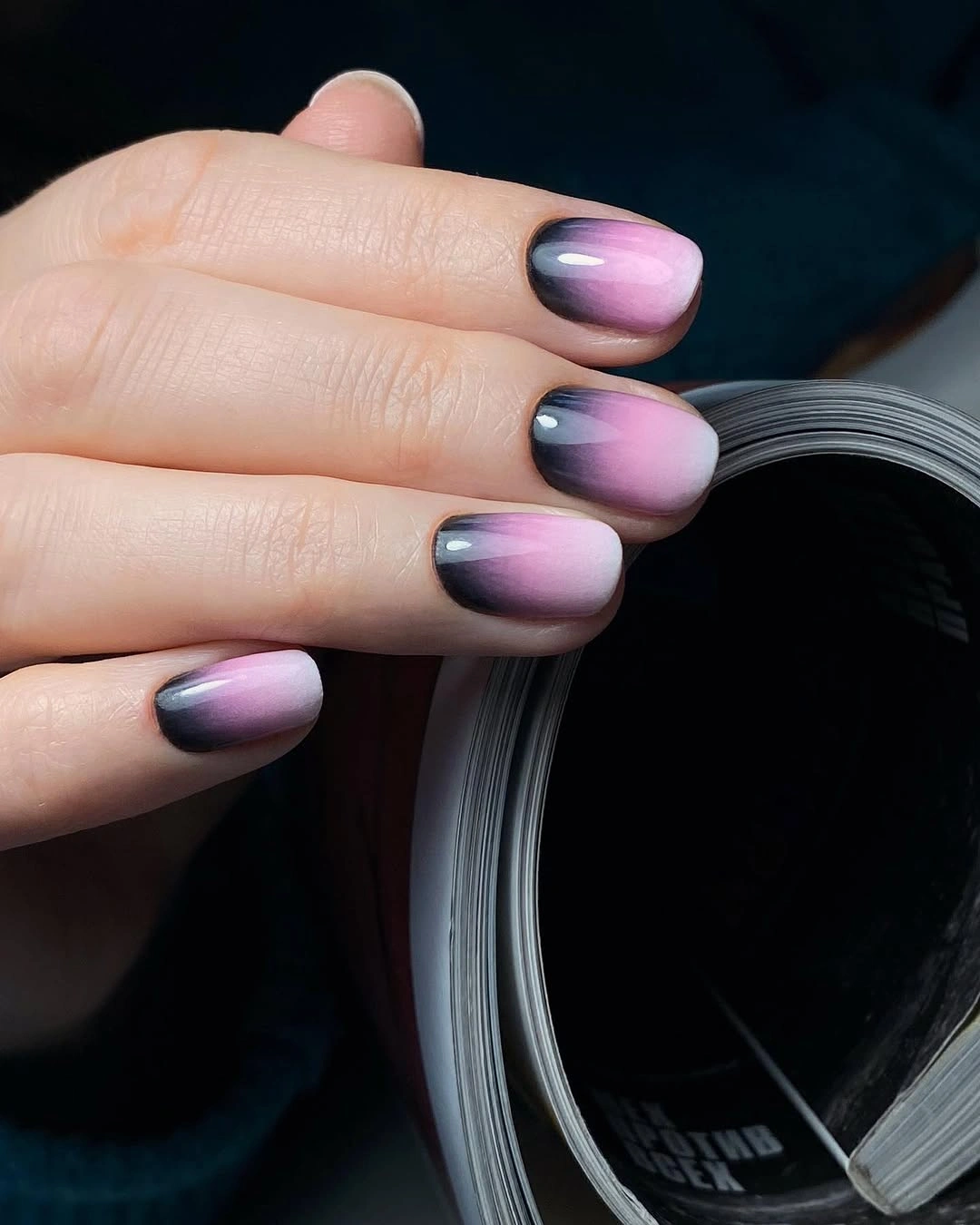 Short oval nails with a soft blush to deep mauve gradient