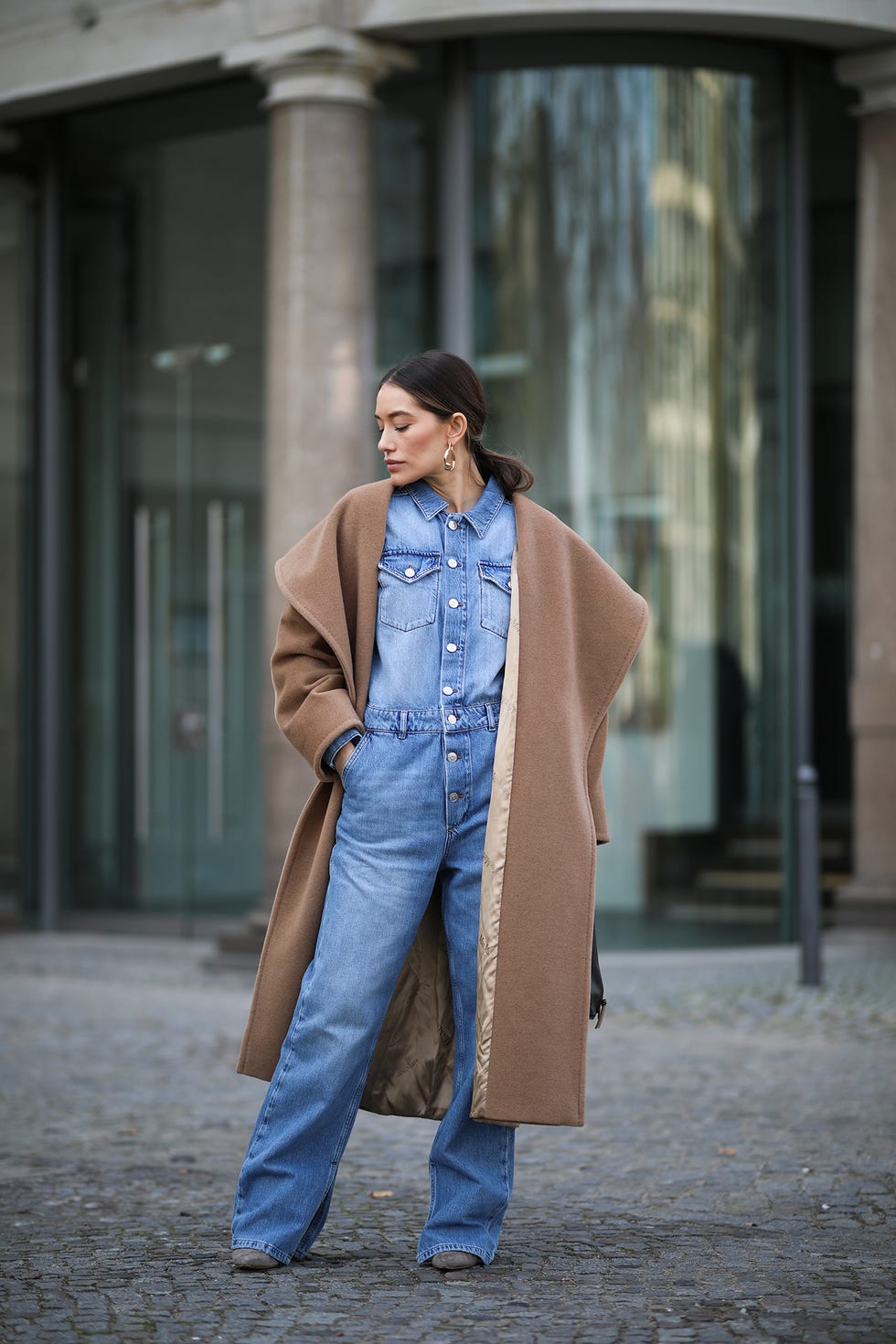 Denim Jumpsuit Under a Chic Wool Coat Denim Jumpsuit Under a Chic Wool Coat β Winter Outfits