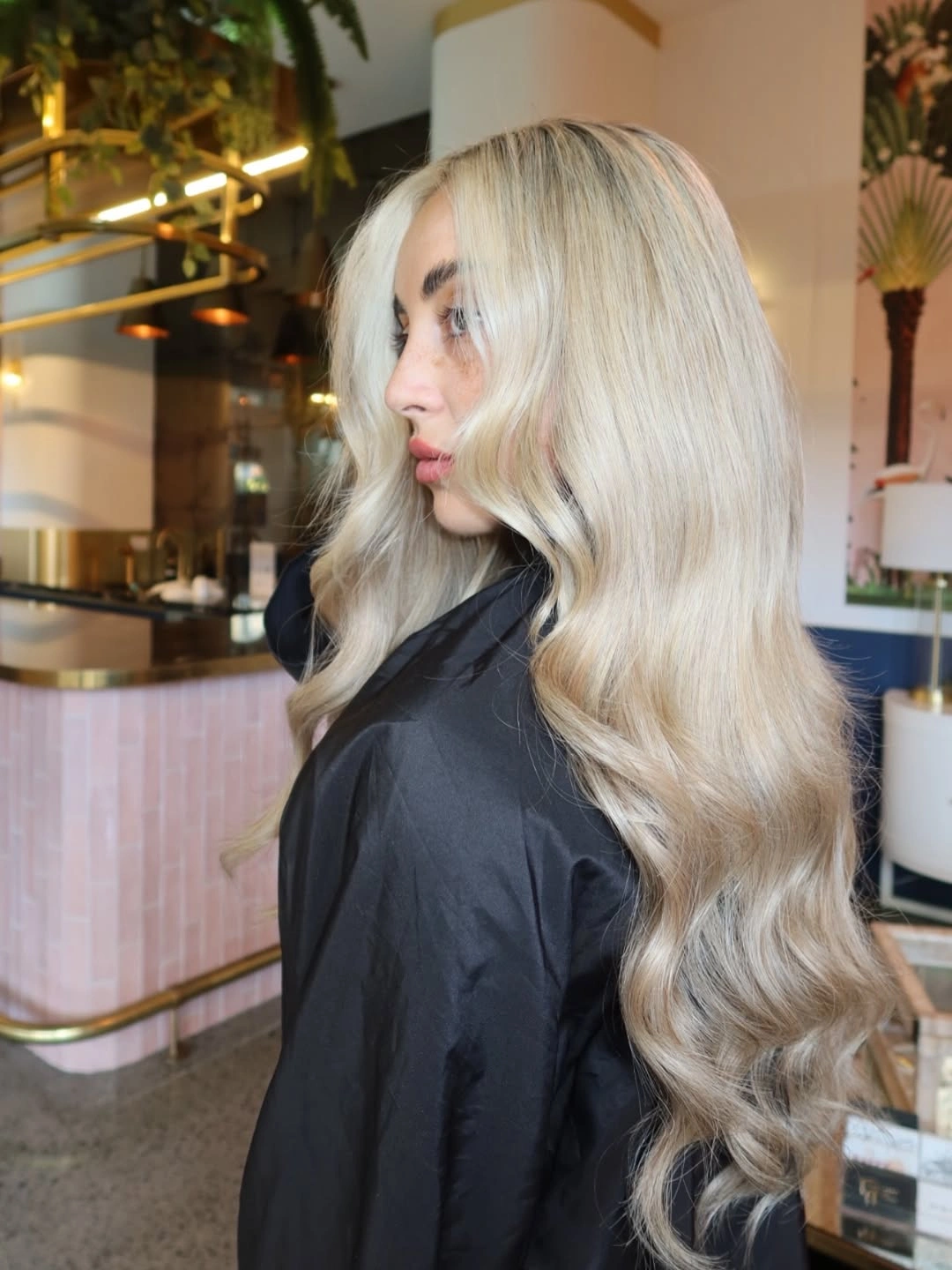 Very long pale blonde hair with soft flowing waves