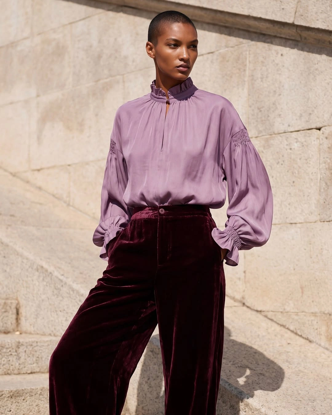 Lavender gathered blouse with burgundy wide trousers