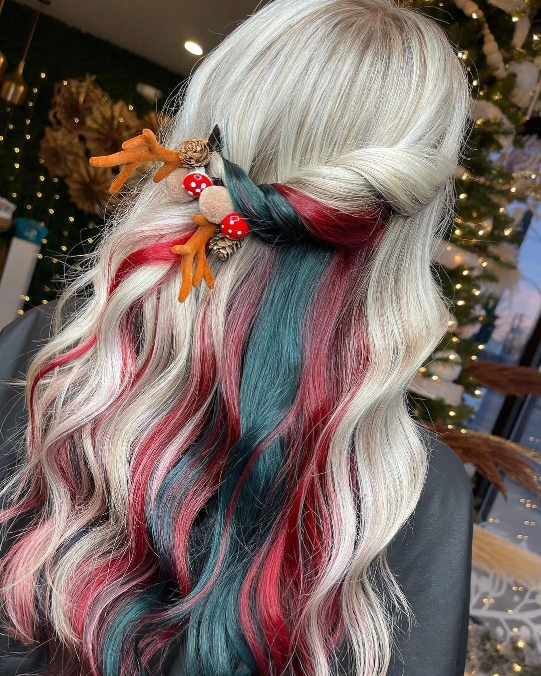 Very long pale half-up hair with colored sections and decoration