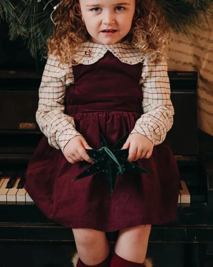 Child in burgundy dress over checked blouse holding green star