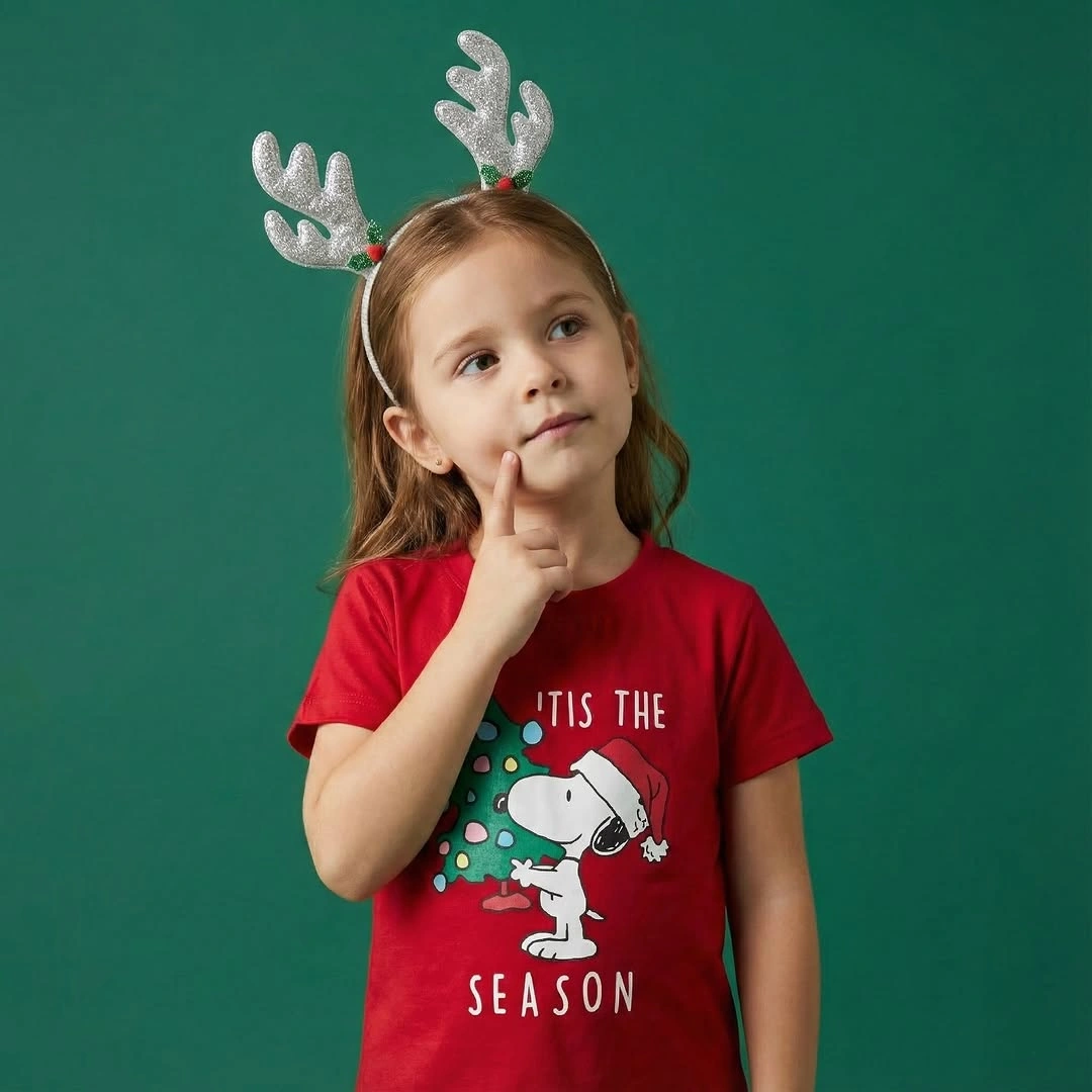 Child in red graphic T-shirt with silver antler headband