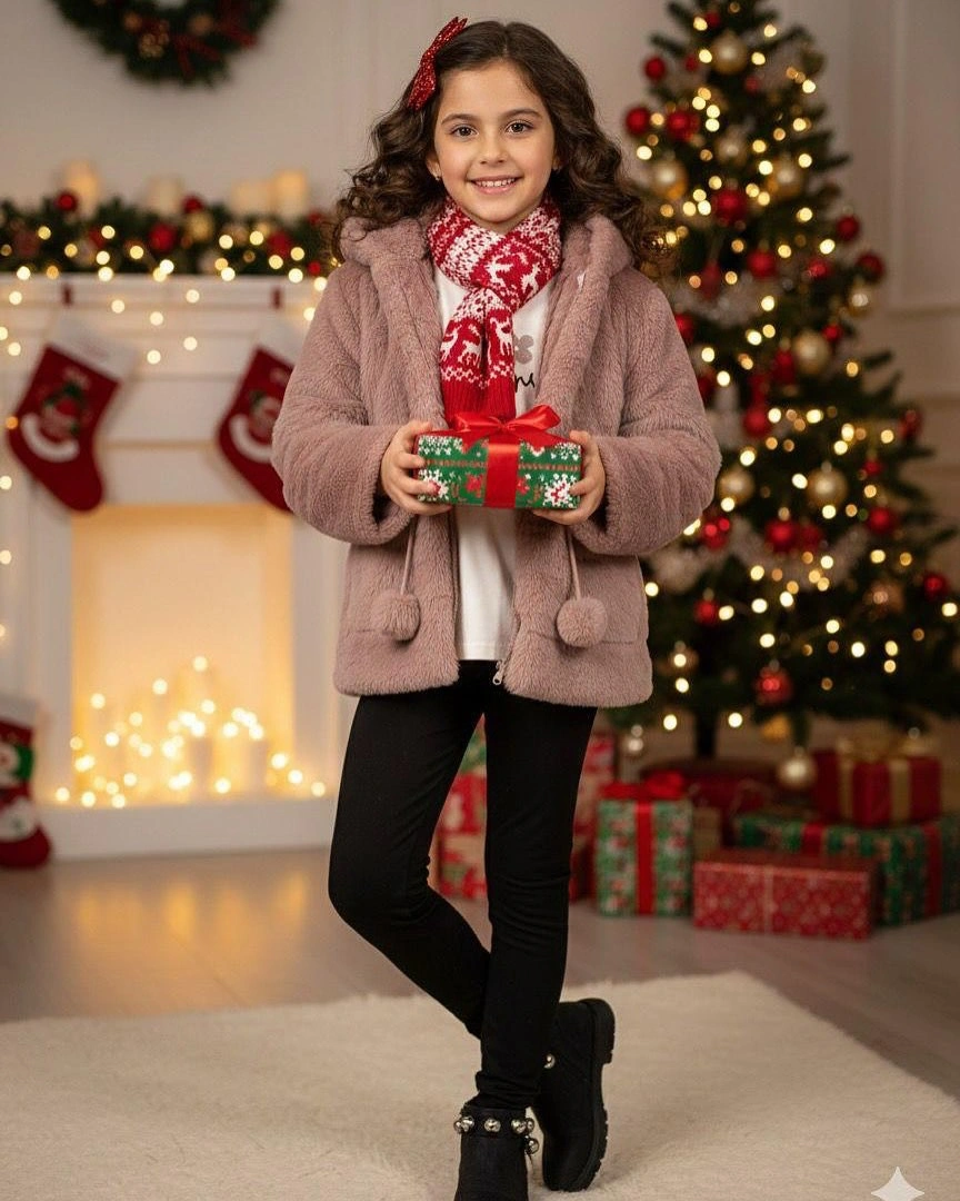 Child in rose outer layer with red patterned scarf