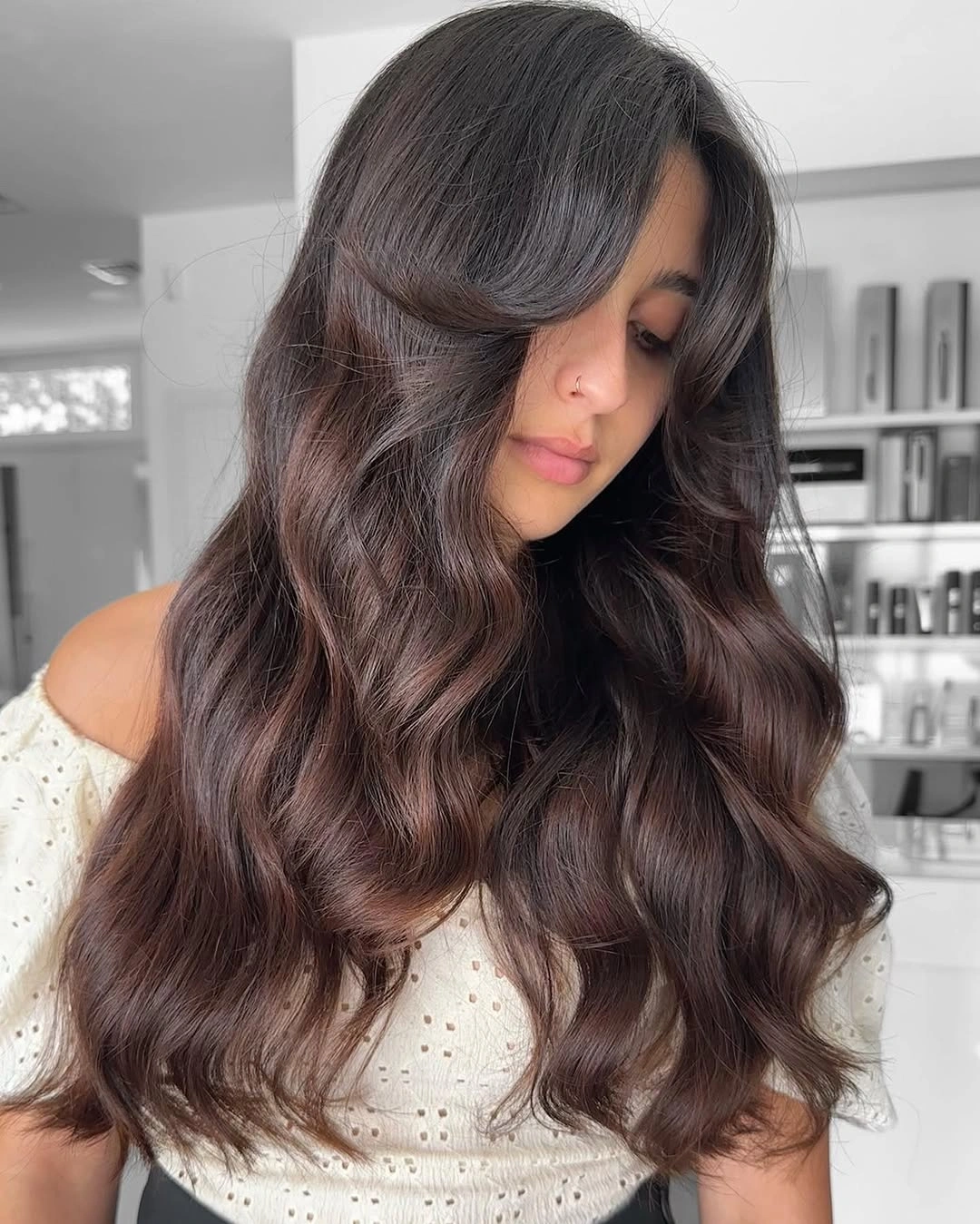 Long brunette waves with soft chocolate plum sheen